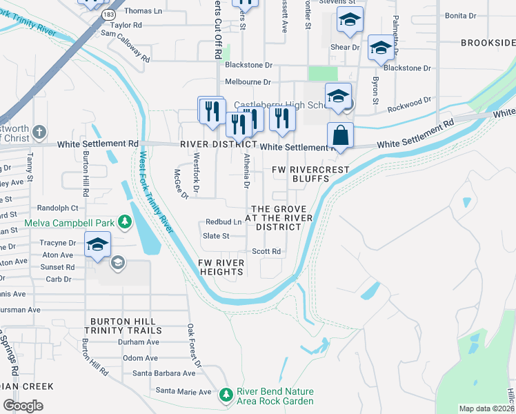map of restaurants, bars, coffee shops, grocery stores, and more near 243 Athenia Drive in Fort Worth