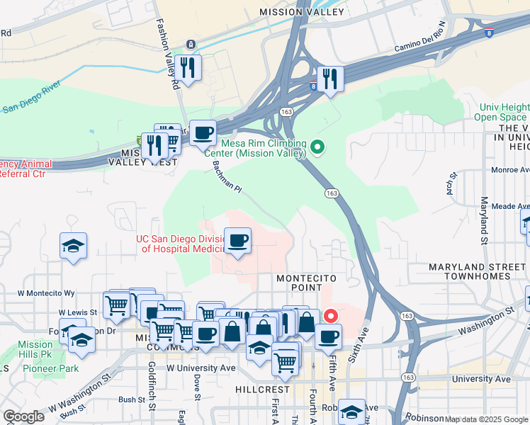 map of restaurants, bars, coffee shops, grocery stores, and more near Bachman Place in San Diego