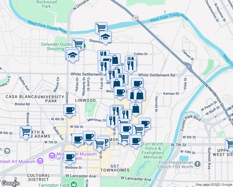 map of restaurants, bars, coffee shops, grocery stores, and more near 251 Carroll Street in Fort Worth