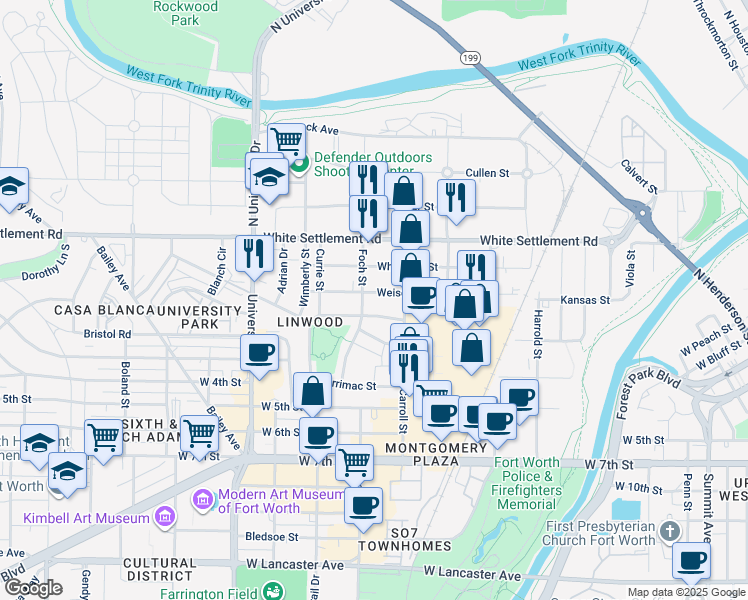 map of restaurants, bars, coffee shops, grocery stores, and more near 2729 Weisenberger Street in Fort Worth