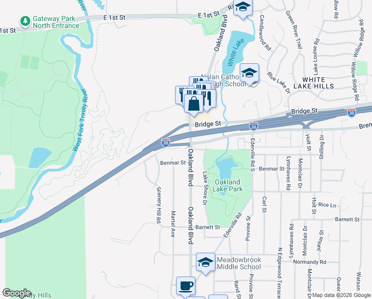 map of restaurants, bars, coffee shops, grocery stores, and more near 1508 Menzer Road in Fort Worth