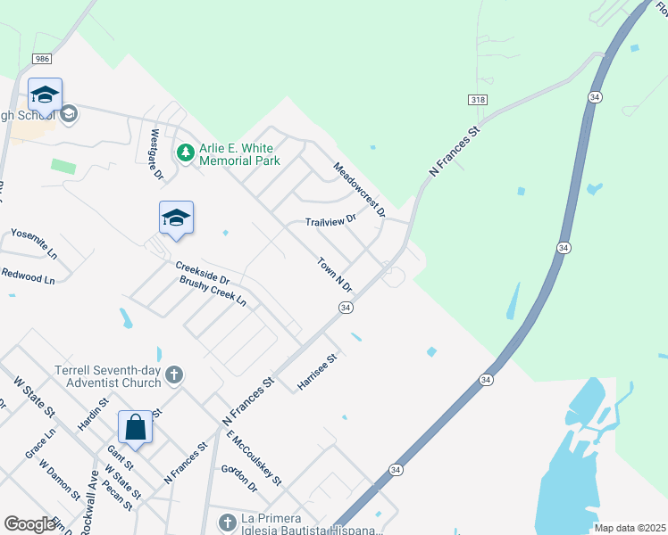 map of restaurants, bars, coffee shops, grocery stores, and more near 202 Town N Dr in Terrell