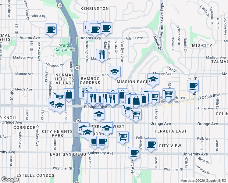 map of restaurants, bars, coffee shops, grocery stores, and more near 4241 Meade Avenue in San Diego