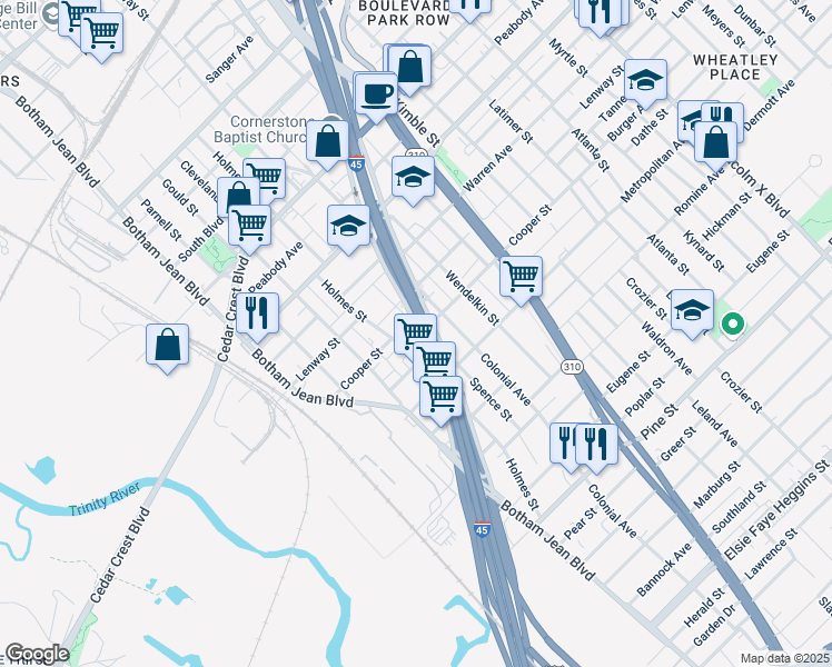 map of restaurants, bars, coffee shops, grocery stores, and more near 3531 Spence Street in Dallas