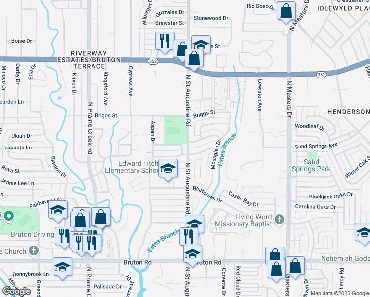 map of restaurants, bars, coffee shops, grocery stores, and more near 9579 Belinda Lane in Dallas