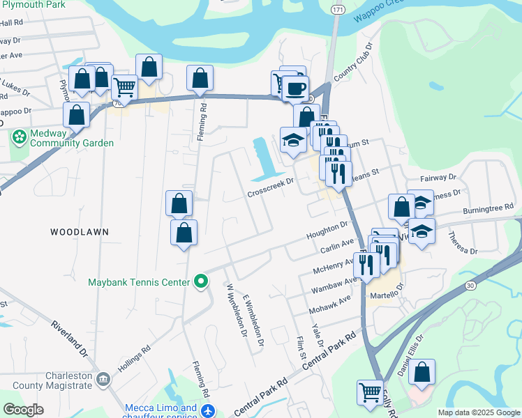map of restaurants, bars, coffee shops, grocery stores, and more near 7 Hill Creek Boulevard in Charleston