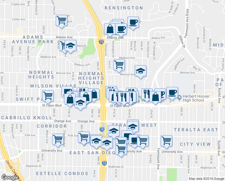 map of restaurants, bars, coffee shops, grocery stores, and more near 4081 Meade Avenue in San Diego