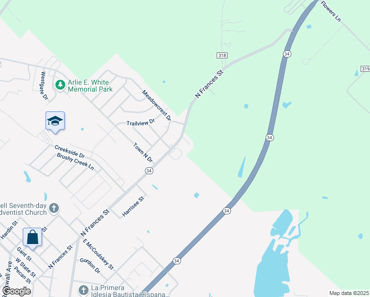 map of restaurants, bars, coffee shops, grocery stores, and more near 1910 North Frances Street in Terrell