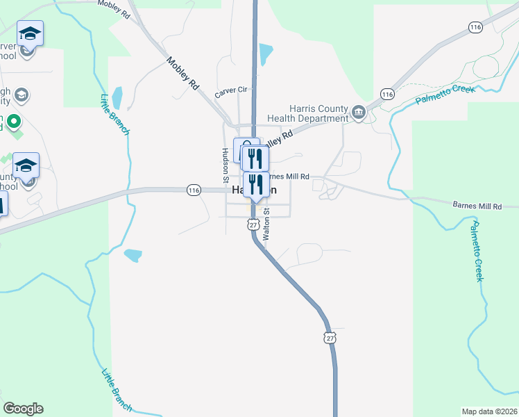 map of restaurants, bars, coffee shops, grocery stores, and more near 132 South College Street in Hamilton