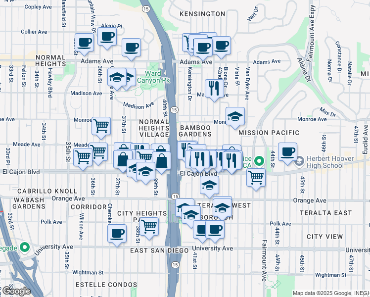 map of restaurants, bars, coffee shops, grocery stores, and more near 4055 Meade Avenue in San Diego