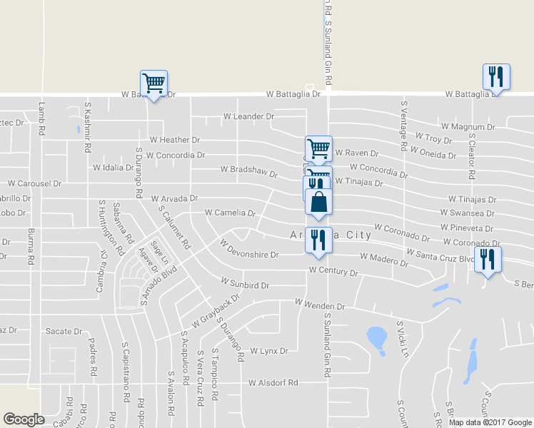map of restaurants, bars, coffee shops, grocery stores, and more near 9980 West Camelia Drive in Arizona City