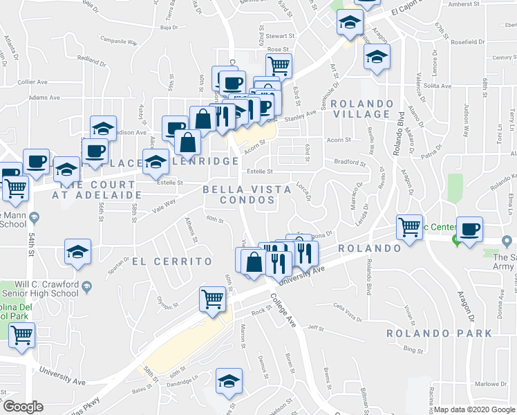 map of restaurants, bars, coffee shops, grocery stores, and more near 6044 Tarragona Drive in San Diego