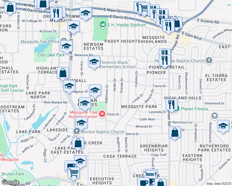 map of restaurants, bars, coffee shops, grocery stores, and more near 830 Jardin Drive in Mesquite