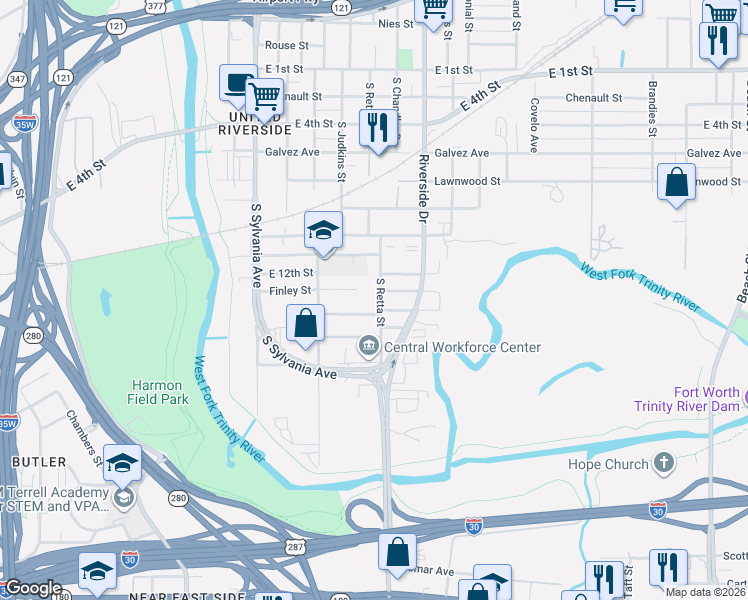 map of restaurants, bars, coffee shops, grocery stores, and more near 3000 Finley Street in Fort Worth
