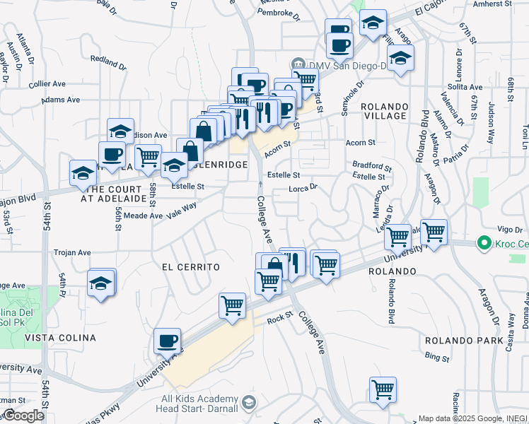 map of restaurants, bars, coffee shops, grocery stores, and more near 4407 College Avenue in San Diego