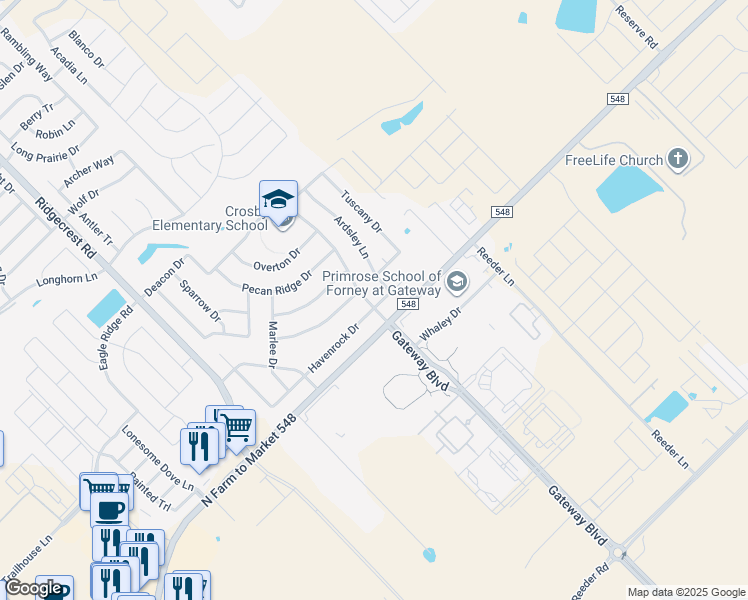 map of restaurants, bars, coffee shops, grocery stores, and more near 630 Diamond Creek Drive in Forney