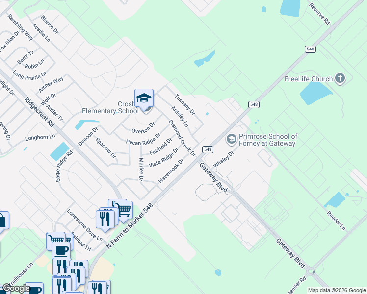 map of restaurants, bars, coffee shops, grocery stores, and more near 630 Diamond Creek Drive in Forney