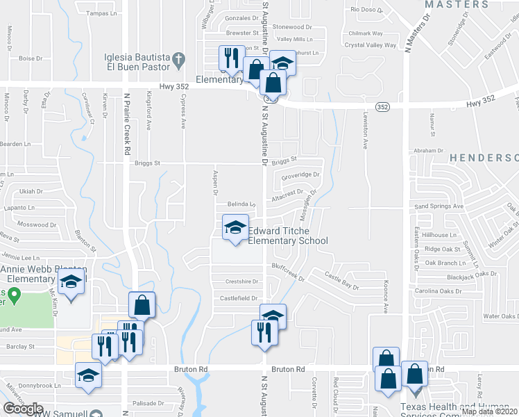 map of restaurants, bars, coffee shops, grocery stores, and more near 9579 Belinda Lane in Dallas