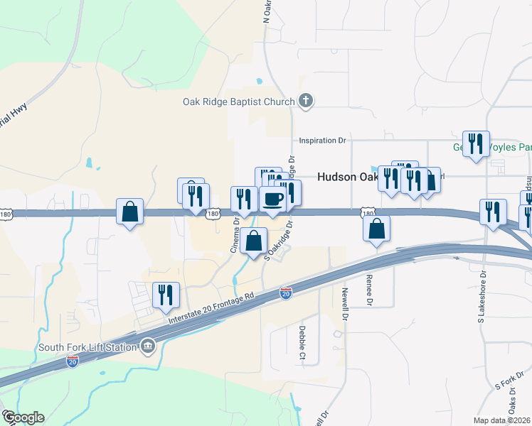 map of restaurants, bars, coffee shops, grocery stores, and more near 2970 Fort Worth Highway in Hudson Oaks
