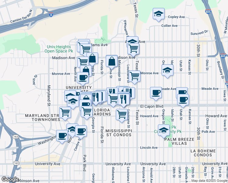 map of restaurants, bars, coffee shops, grocery stores, and more near 4385 Alabama Street in San Diego