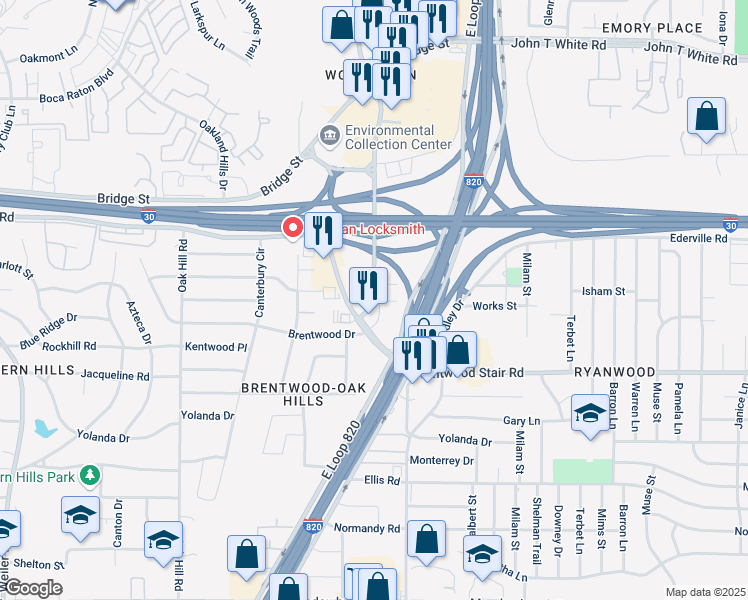 map of restaurants, bars, coffee shops, grocery stores, and more near 6226 Bridgewood Drive in Fort Worth