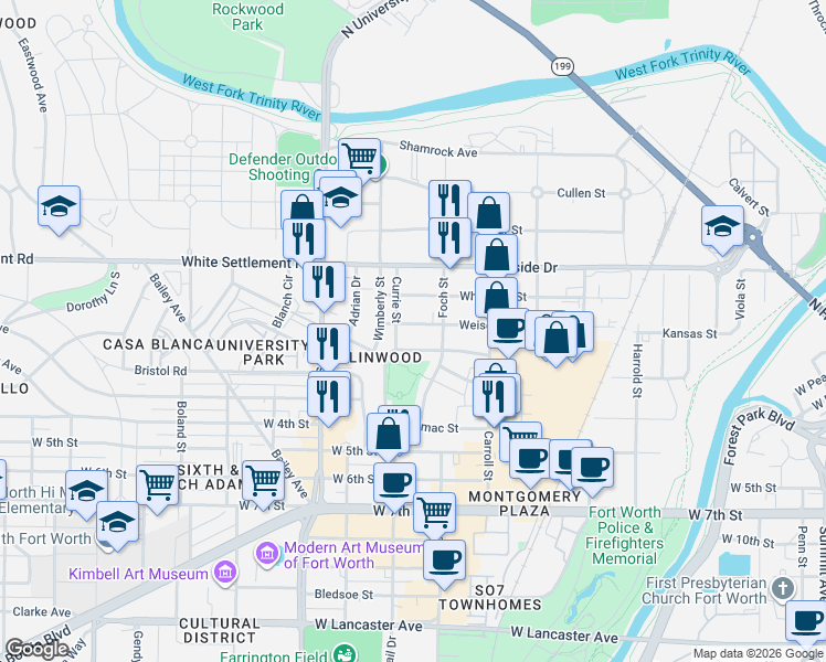 map of restaurants, bars, coffee shops, grocery stores, and more near 2825 Weisenberger Street in Fort Worth