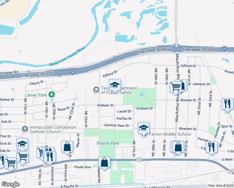 map of restaurants, bars, coffee shops, grocery stores, and more near 2444 Graham Street in Grand Prairie