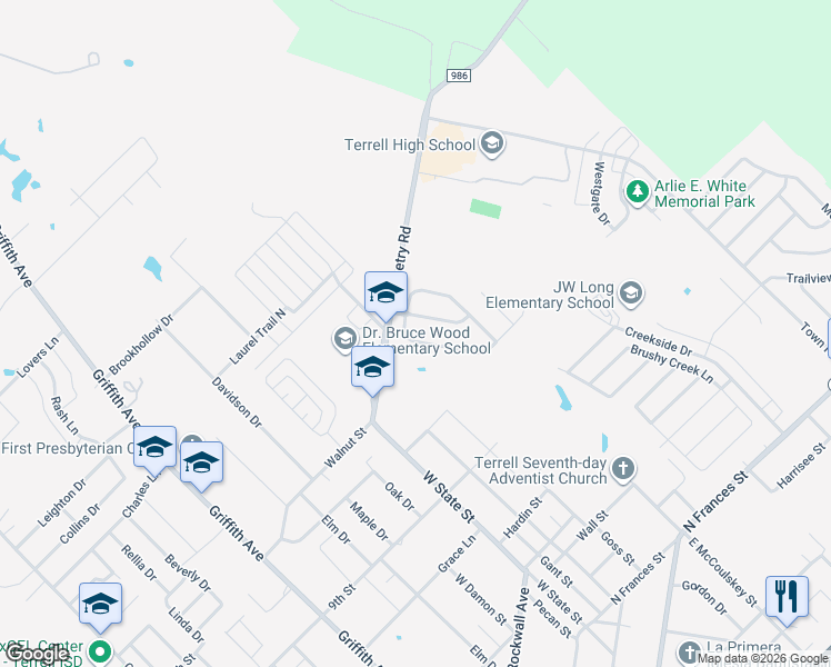 map of restaurants, bars, coffee shops, grocery stores, and more near 102 Redwood Lane in Terrell