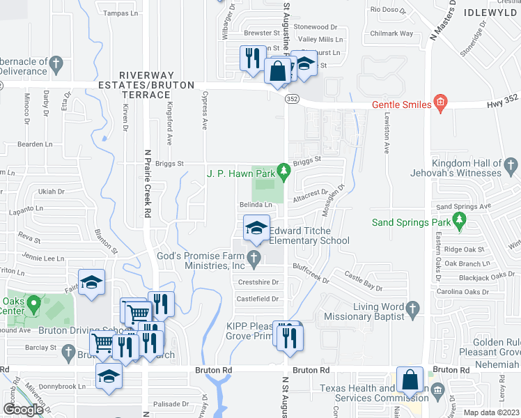 map of restaurants, bars, coffee shops, grocery stores, and more near 9538 Belinda Lane in Dallas