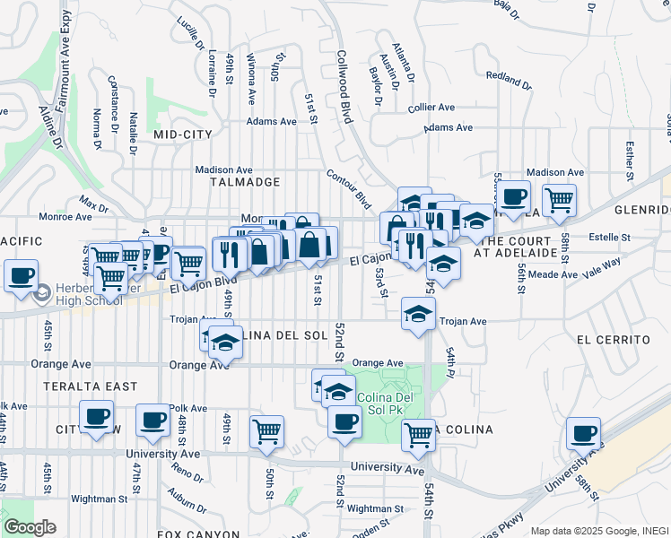 map of restaurants, bars, coffee shops, grocery stores, and more near 5125 El Cajon Boulevard in San Diego
