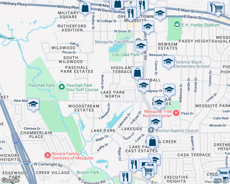 map of restaurants, bars, coffee shops, grocery stores, and more near 913 Lakeland Drive in Mesquite