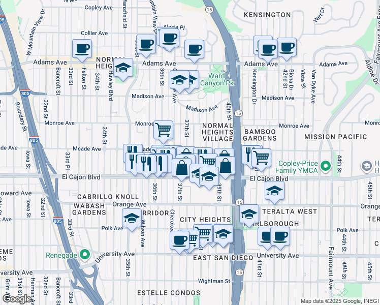 map of restaurants, bars, coffee shops, grocery stores, and more near 3731 Meade Avenue in San Diego