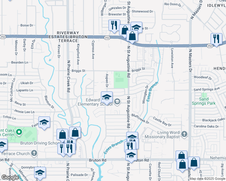 map of restaurants, bars, coffee shops, grocery stores, and more near 9538 Belinda Lane in Dallas