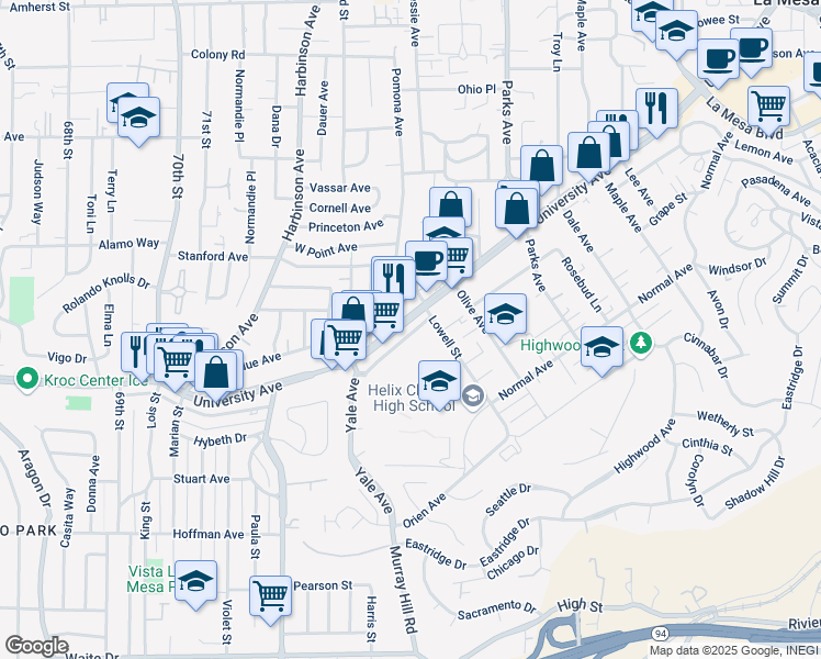 map of restaurants, bars, coffee shops, grocery stores, and more near 7435 University Avenue in La Mesa