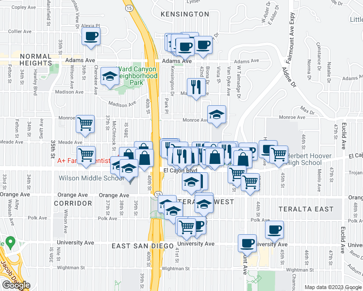 map of restaurants, bars, coffee shops, grocery stores, and more near 4127 Meade Avenue in San Diego