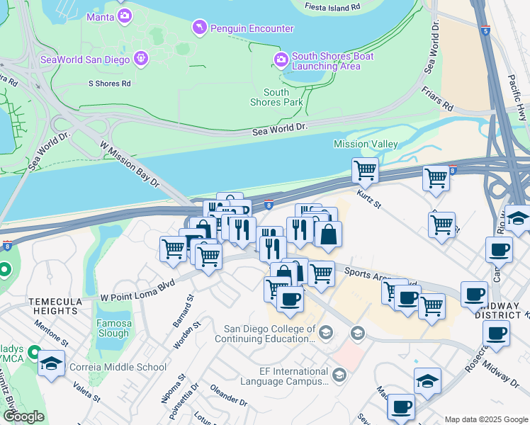 map of restaurants, bars, coffee shops, grocery stores, and more near 3450 Channel Way in San Diego