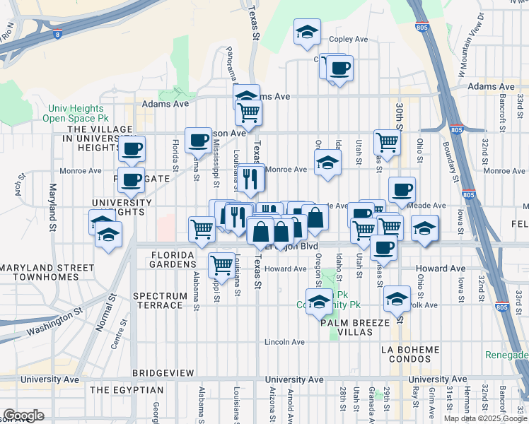 map of restaurants, bars, coffee shops, grocery stores, and more near 4390 Arizona Street in San Diego