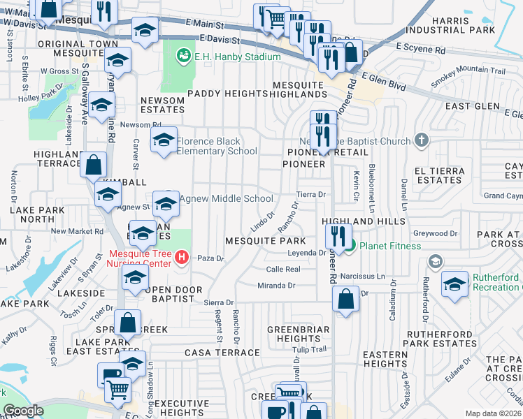map of restaurants, bars, coffee shops, grocery stores, and more near 828 Camino Drive in Mesquite
