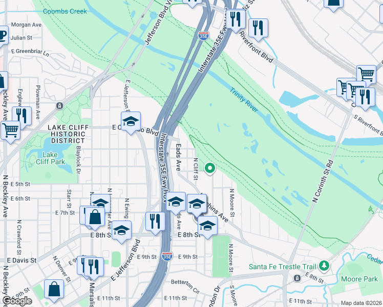 map of restaurants, bars, coffee shops, grocery stores, and more near 1118 Comal Street in Dallas