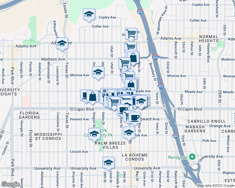 map of restaurants, bars, coffee shops, grocery stores, and more near 4384 Kansas Street in San Diego