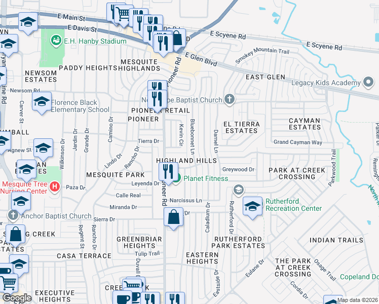 map of restaurants, bars, coffee shops, grocery stores, and more near 808 Kevin Circle in Mesquite