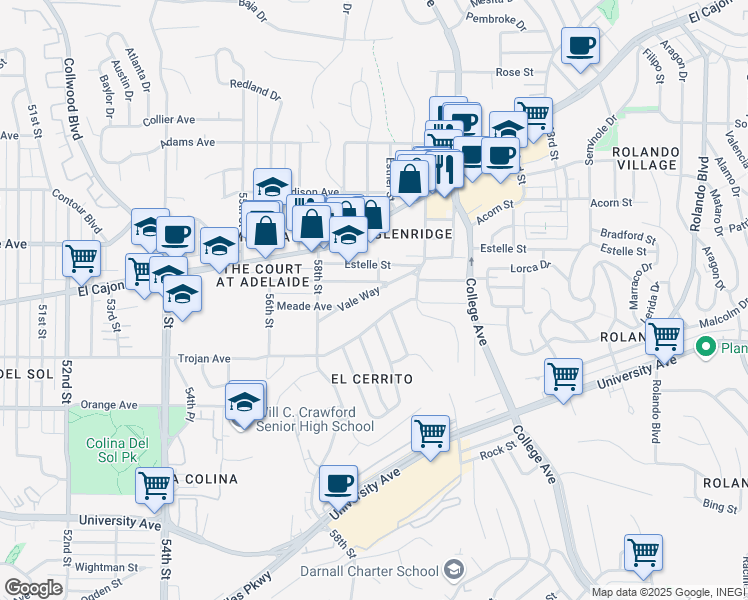 map of restaurants, bars, coffee shops, grocery stores, and more near 5885 Vale Way in San Diego
