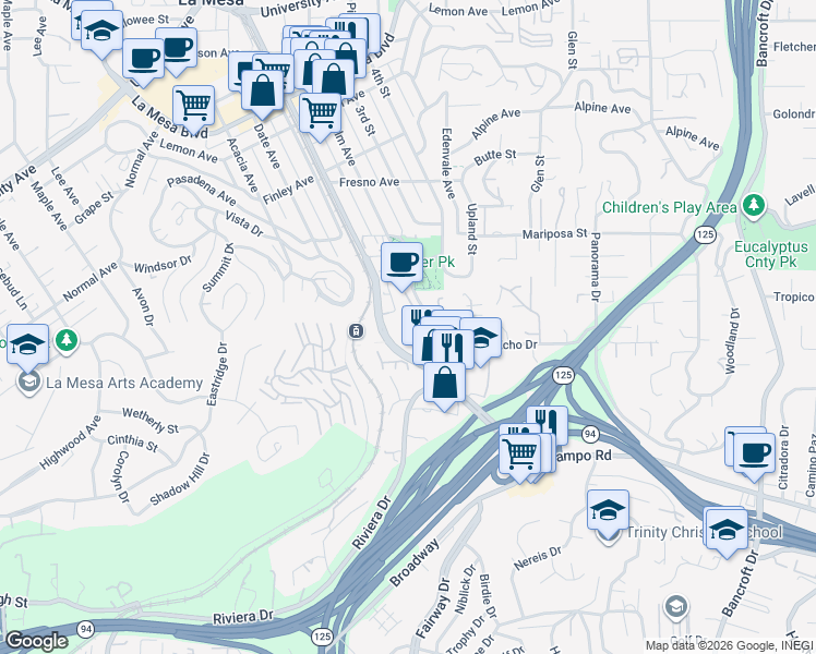 map of restaurants, bars, coffee shops, grocery stores, and more near 4302 Palm Avenue in La Mesa