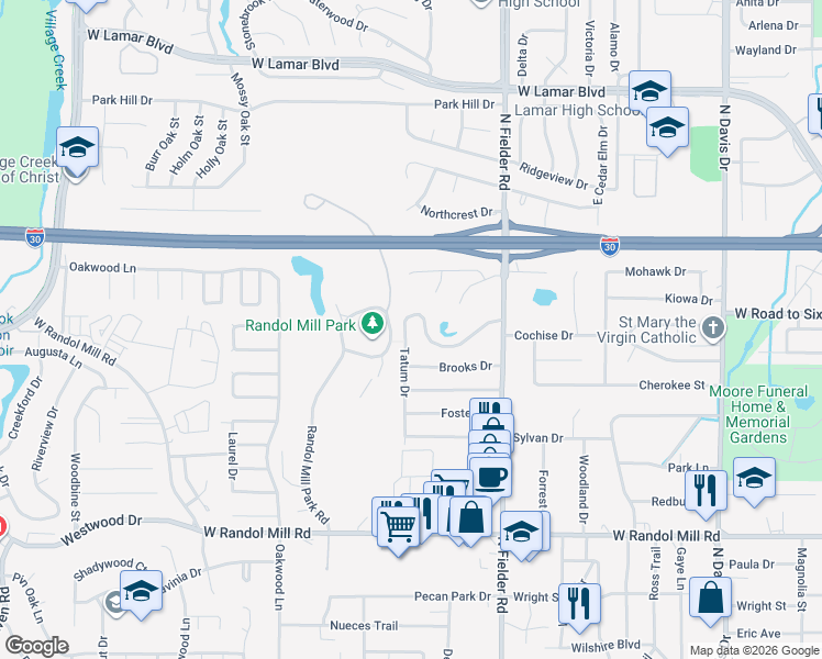 map of restaurants, bars, coffee shops, grocery stores, and more near 1511 Tatum Drive in Arlington