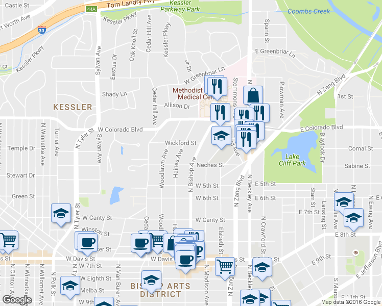 map of restaurants, bars, coffee shops, grocery stores, and more near 1121 N Bishop Ave in Dallas