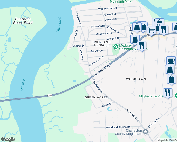 map of restaurants, bars, coffee shops, grocery stores, and more near 335 Riverland Drive in Charleston