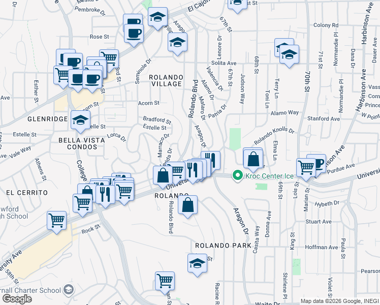 map of restaurants, bars, coffee shops, grocery stores, and more near 4340 Aragon Way in San Diego
