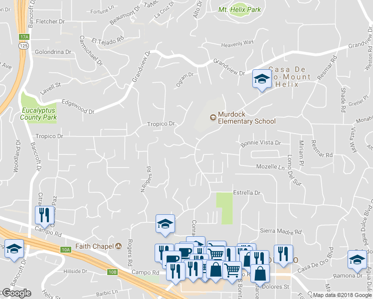 map of restaurants, bars, coffee shops, grocery stores, and more near 9679 Vista Del Sol in Spring Valley