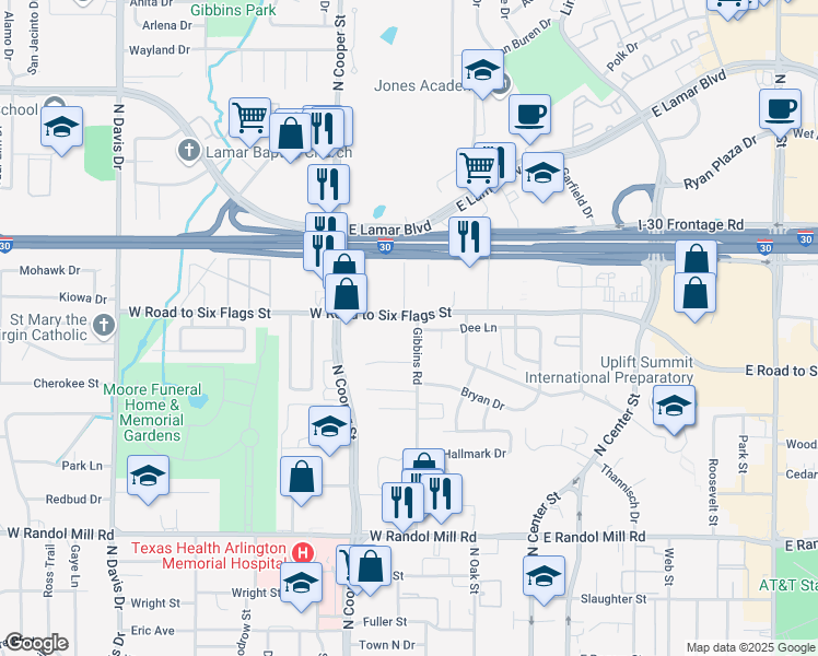 map of restaurants, bars, coffee shops, grocery stores, and more near 500 West Road to Six Flags Street in Arlington