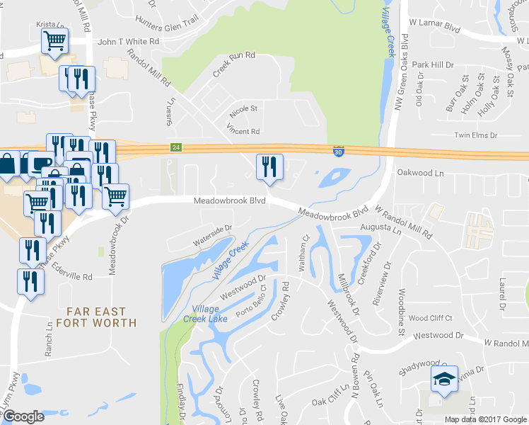 map of restaurants, bars, coffee shops, grocery stores, and more near 3119 Westwood Drive in Arlington